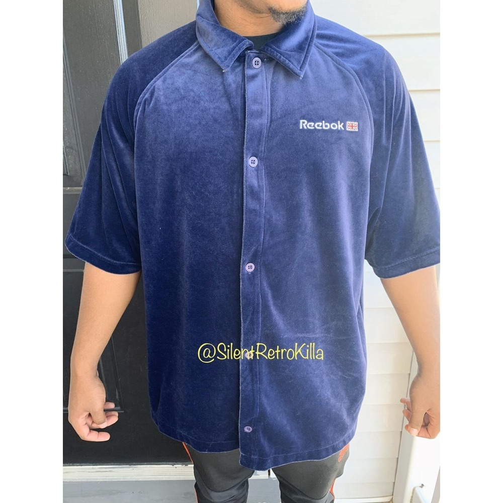 Reebok Classic Men's Vintage Retro velvet like ‎ blue button down shirt top
